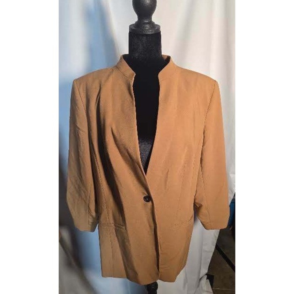 Calvin Klein Womens Camel Tan Open Front Stand Collar Blazer Jacket Size 16
